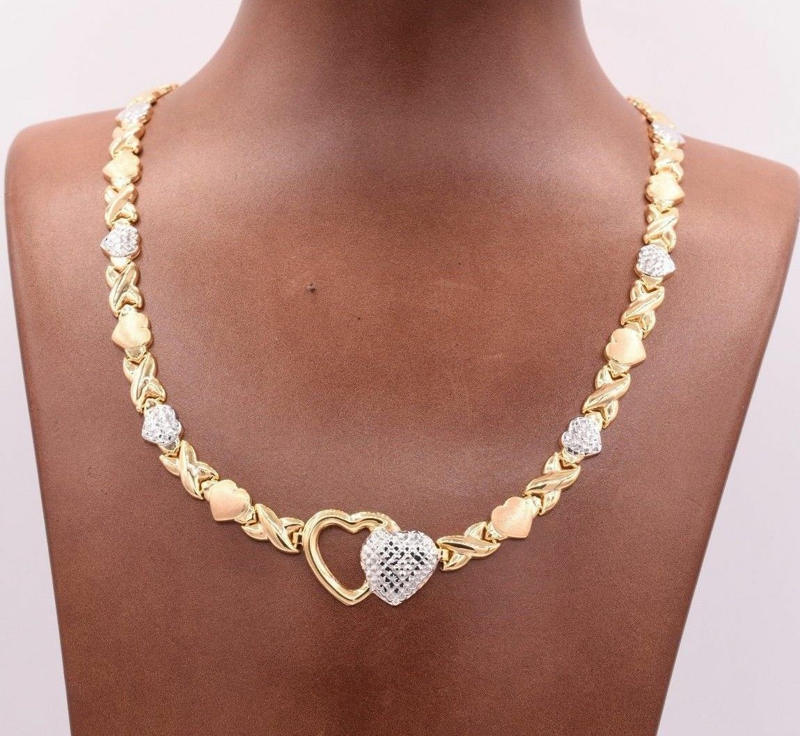 Hearts & Kisses Diamond-Cut Chain Necklace 14K Yellow White Gold-Plated Silver