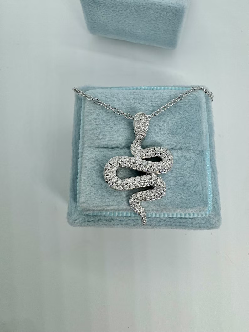 2Ct Round Cut Real Moissanite Snake Pendant 14K White Gold Plated Silver
