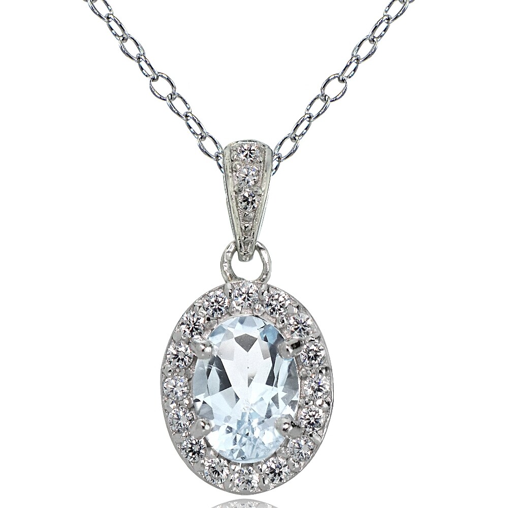 Sterling Silver Very Light Aquamarine and White Topaz Oval Halo Necklace