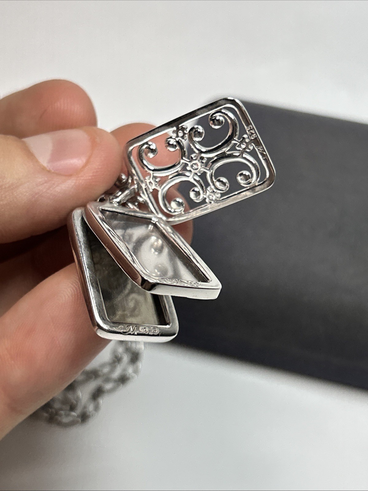 Monica Rich Kosann Sterling Silver Rectangular Gate Sapphire Locket Necklace