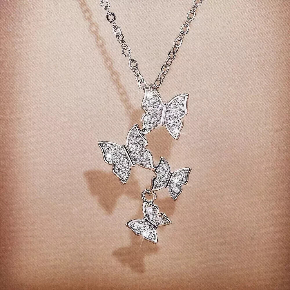 1.24 Ct Lab-Created Diamond Butterfly Pendant Necklaces 14k White Gold Plated