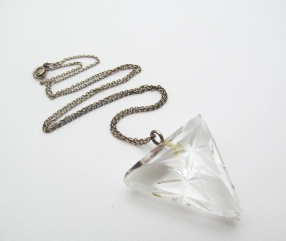 925 Sterling Silver Triangle Clear Star Carved Glass Pendant Oval Chain Necklace