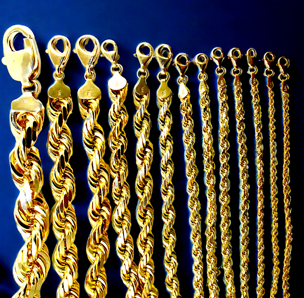 14K Yellow Gold Rope Chain Necklace Diamond Cut Real Gold 1mm-10mm 16″-30″