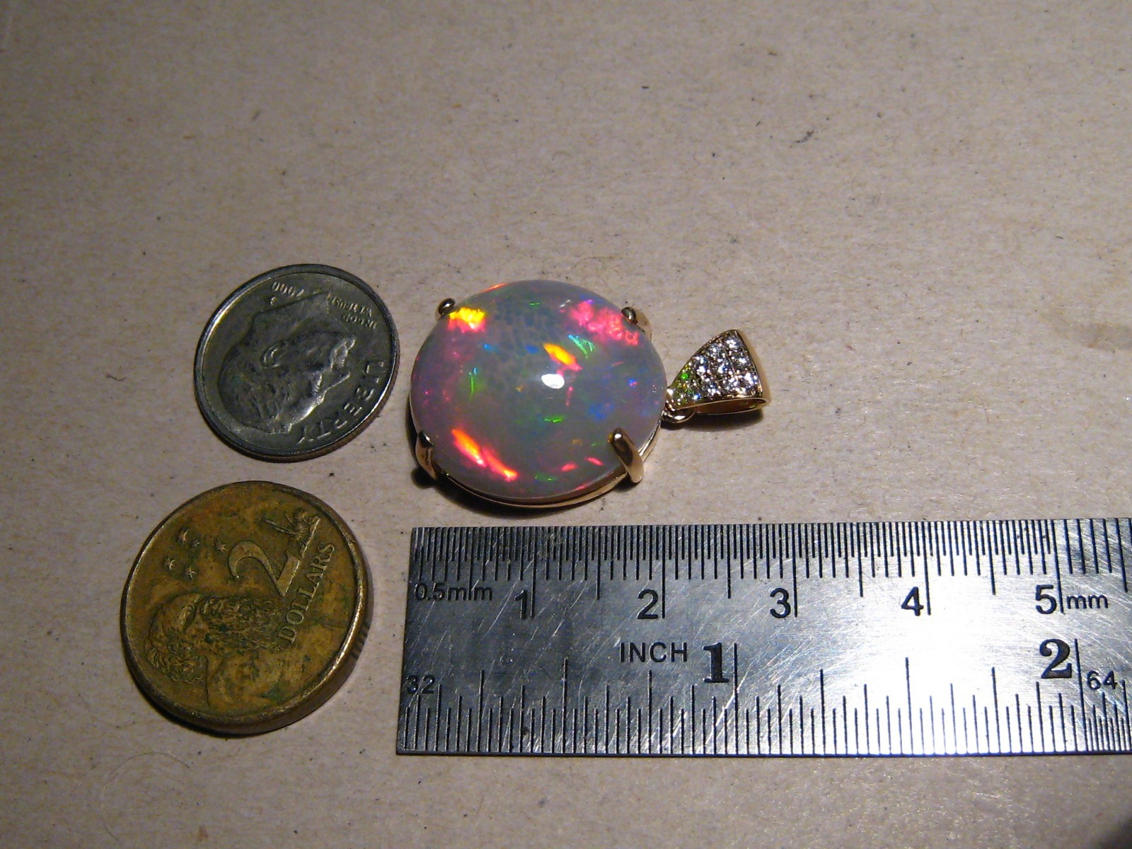 Large 16 ct. Ethiopian Opal and Diamond Pendant , 14 k Gold , Red Harlequin