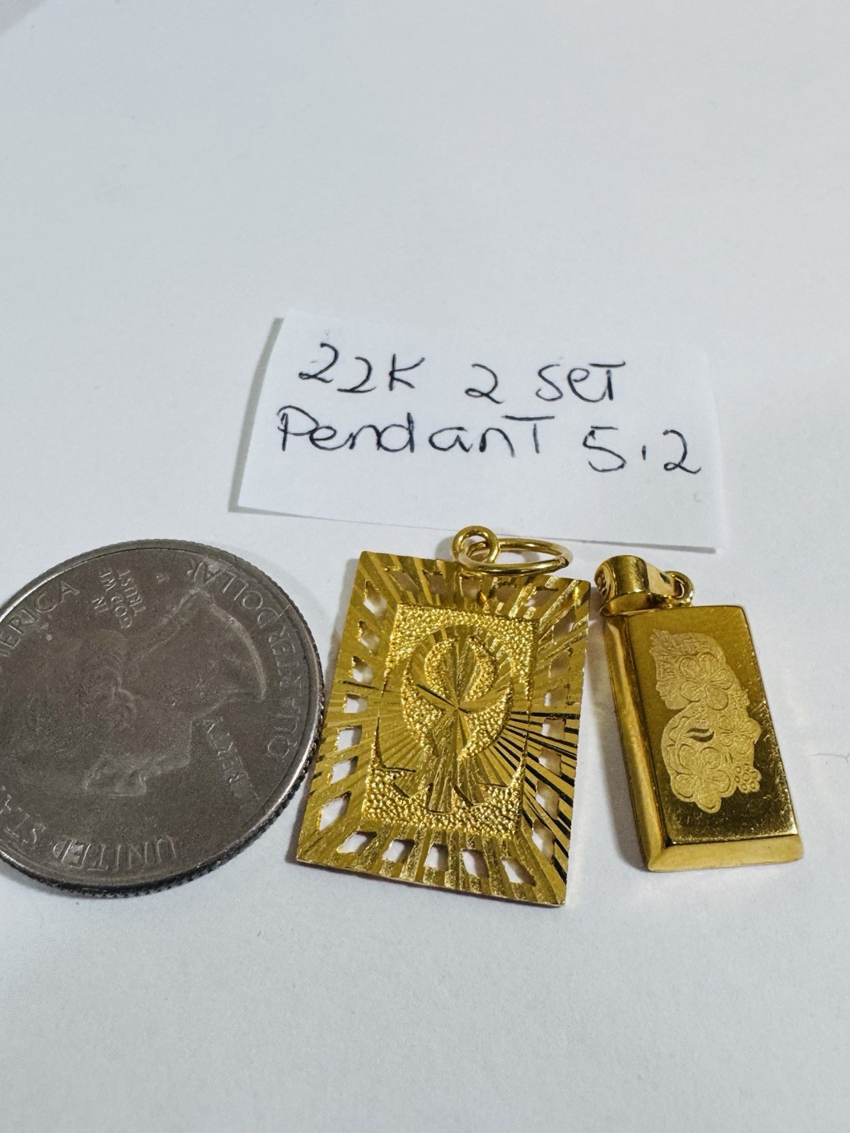 Gold 22K Solid 916 Real Gold Two Set (2) Bar/ Sikh Allah Devine Pendant 5.2g