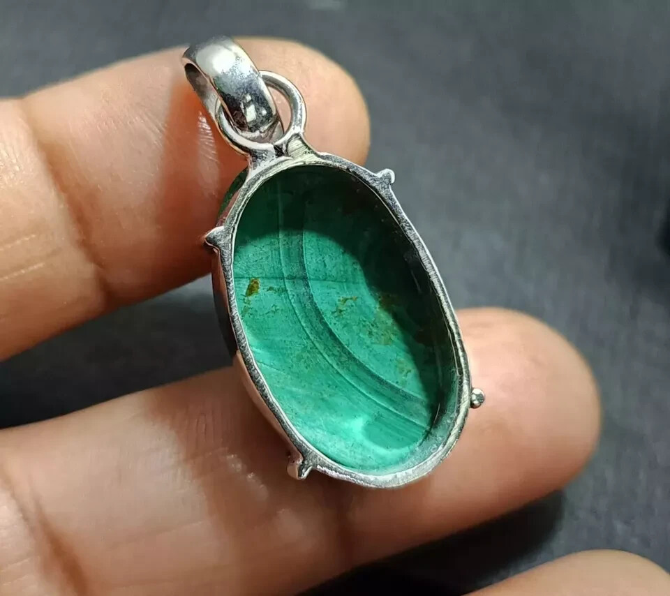 40.85 Ct+ Natural Green Malachite Pendant 925 Solid Silver Oval Cut HG Gemstone
