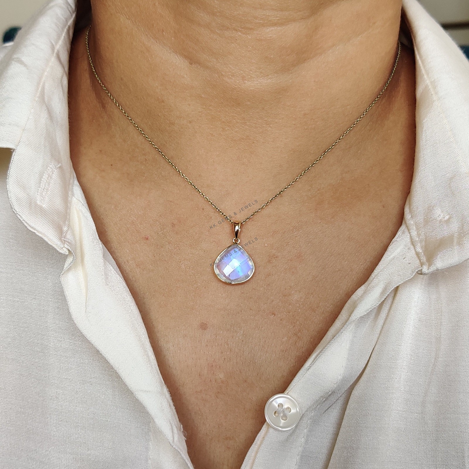 5.80 Ct Natural Rainbow Moonstone Pendant 14K Gold Bezel June Birthstone Gift