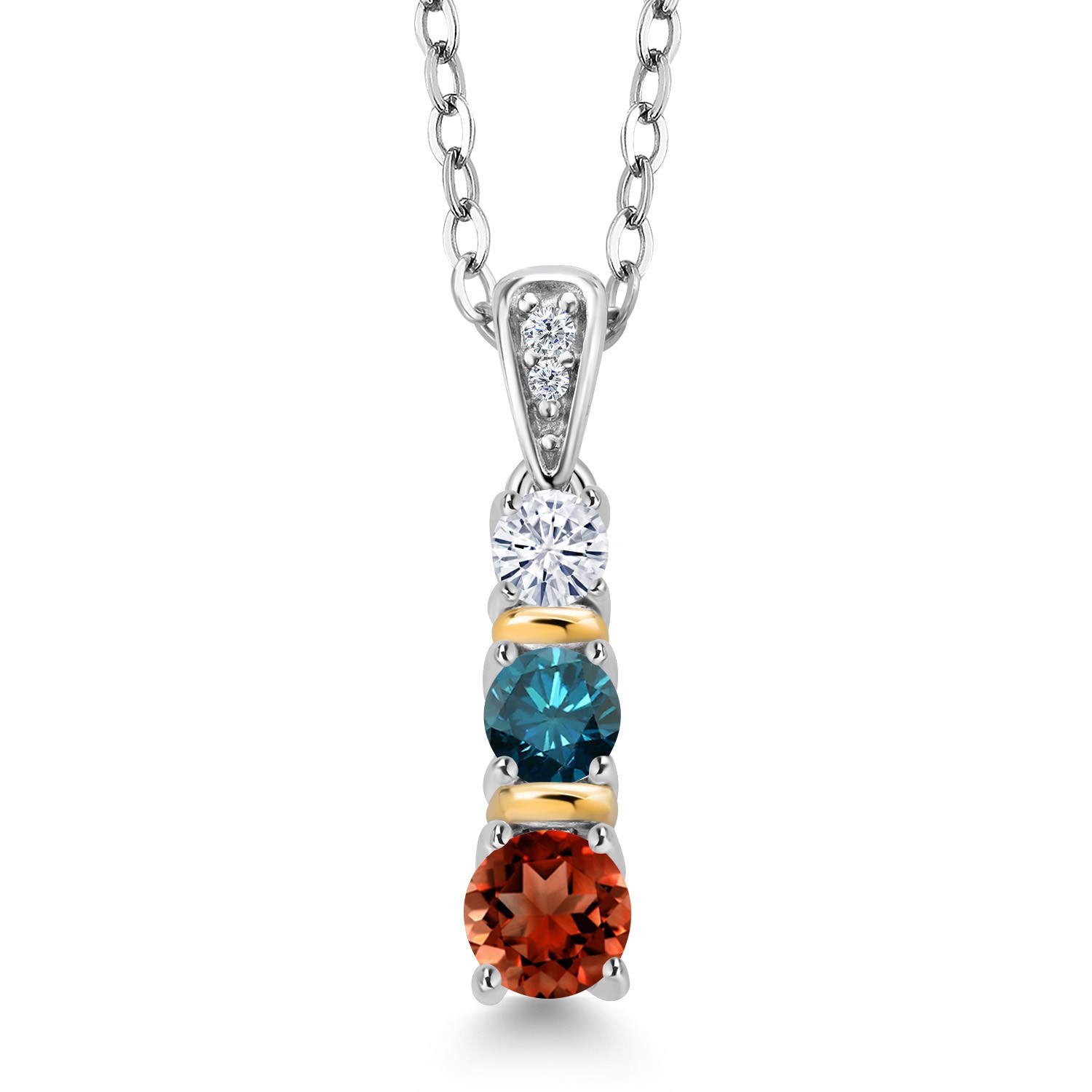 925 Silver and 10K Yellow Gold Garnet Blue Diamond and White Moissanite