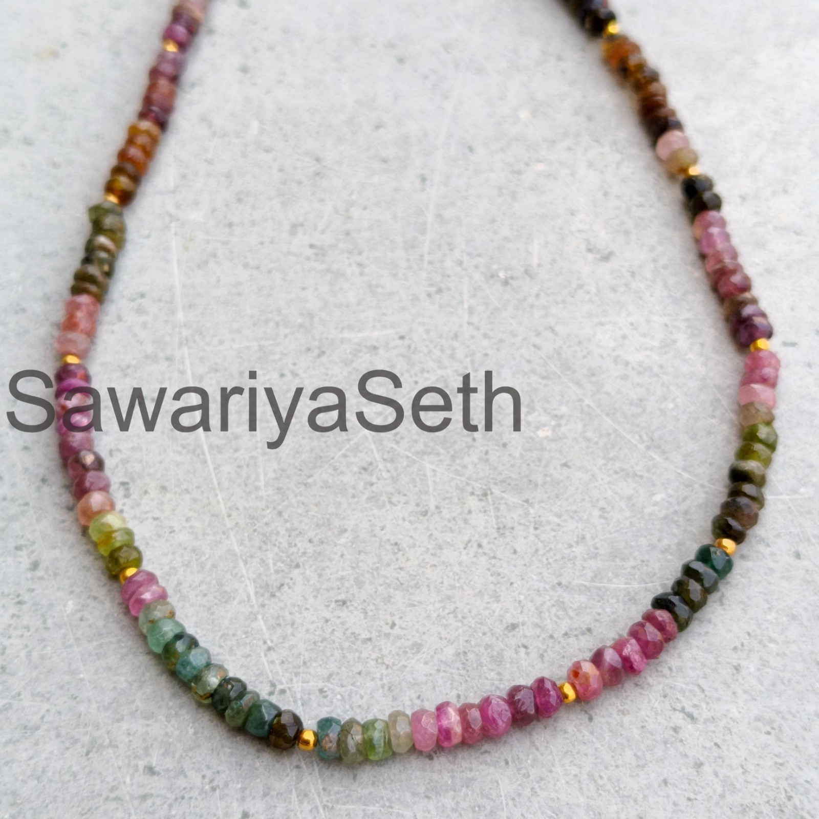 Multi Color Tourmaline Necklace, 4mm Faceted Rondelle Beads, Sterling Silver Cla