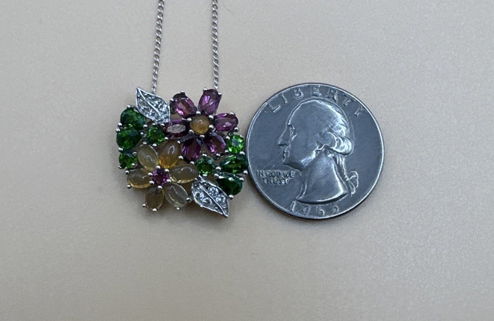 Elegant 925 Sterling Silver Multi Color Floral Pendant Necklace