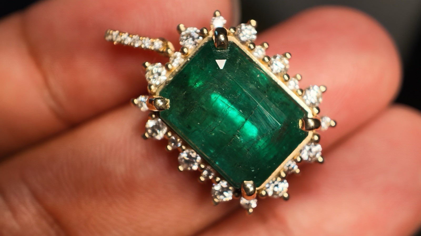 IGI Certified 10.17 Ct Natural Zambian Emerald 14K Gold Diamond Pendant