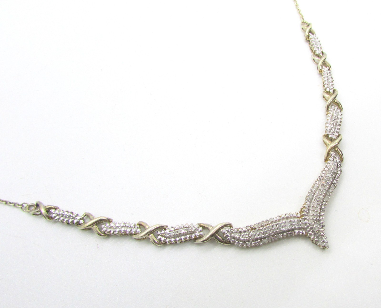 GOLD OVER 925 STERLING SILVER TWO TONE GENUINE DIAMOND V 20″ NECKLACE 10.3G