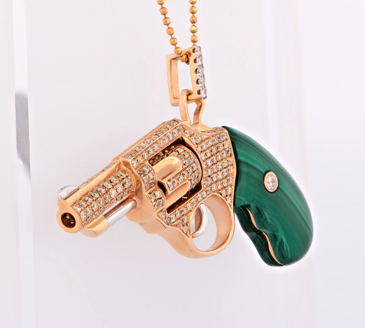 18K Yellow Gold 2.76 CTW Fancy Diamond Revolver Pendant Malachite 20.1g