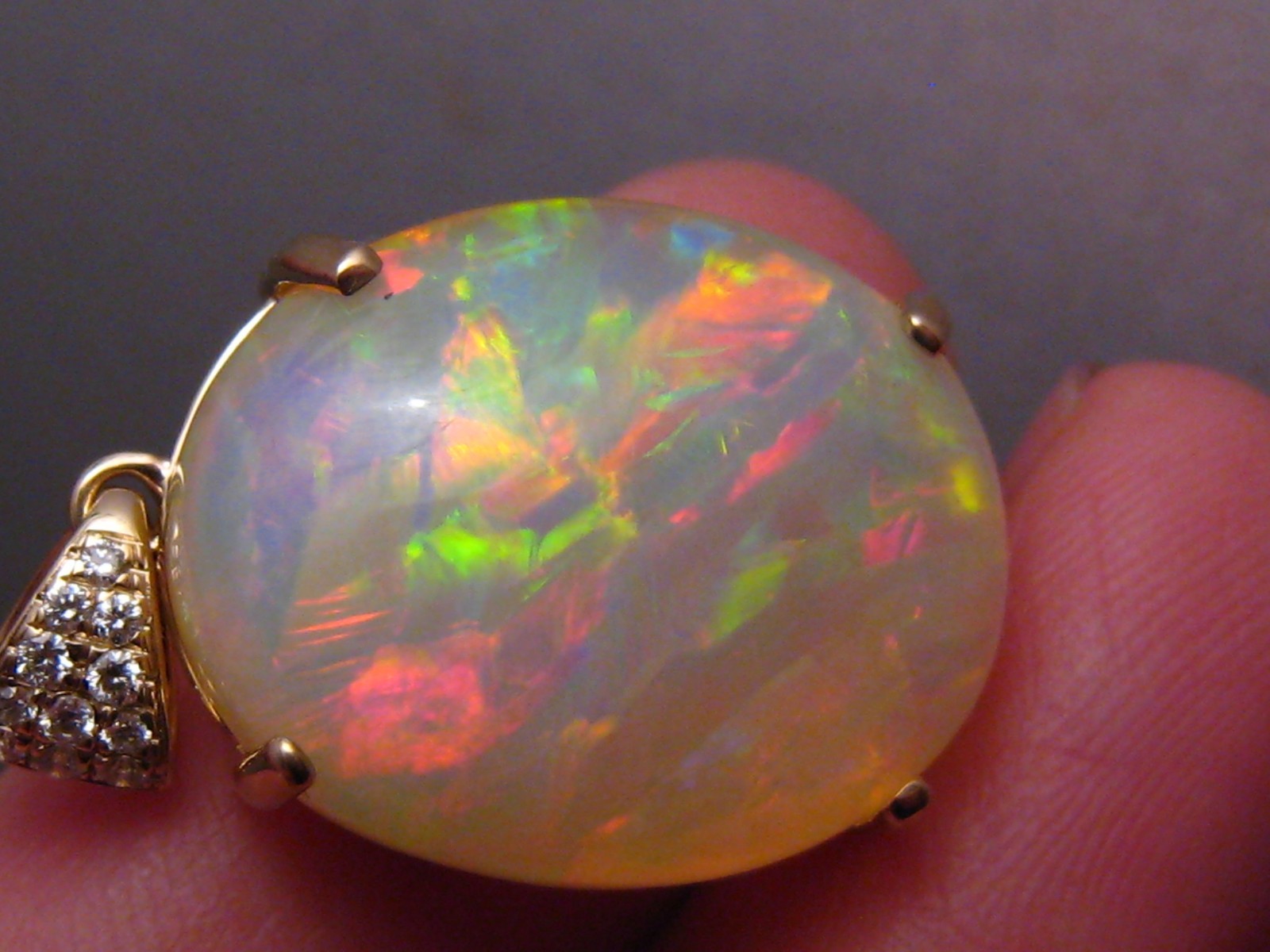 Large 25 ct Welo Opal & Diamond Pendant , Solid 14 k Gold , Brightness 5+