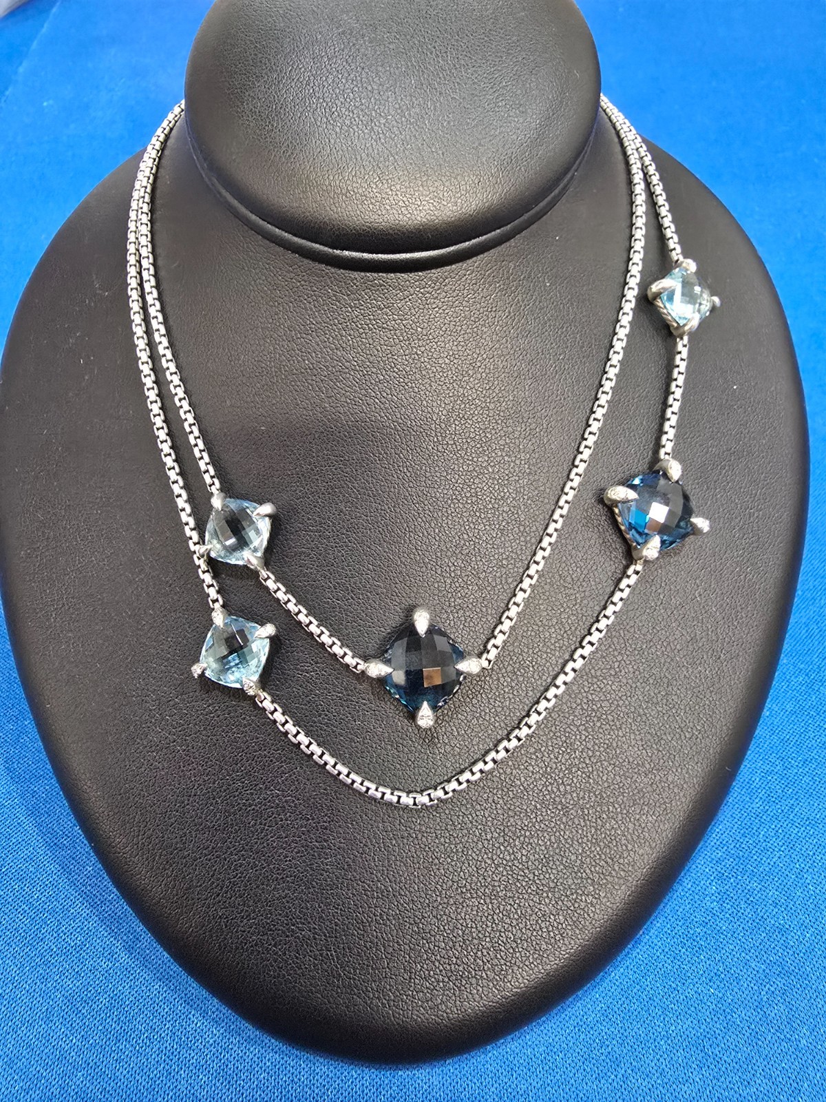Sterling Silver David Yurman Chatelaine Blue Topaz and Diamond Station Necklace
