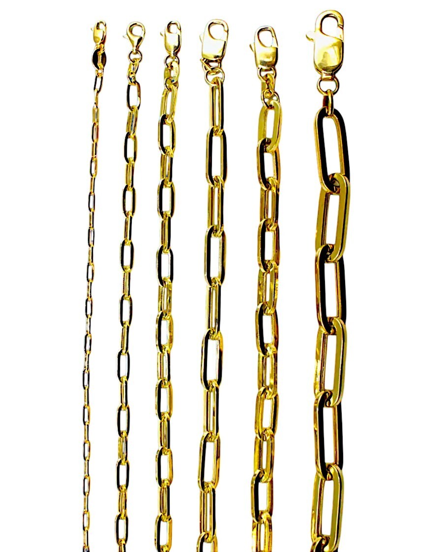 14K Yellow Gold 2mm-7mm Oval Paperclip Necklace Bracelet Chain Link Real 7″-30″