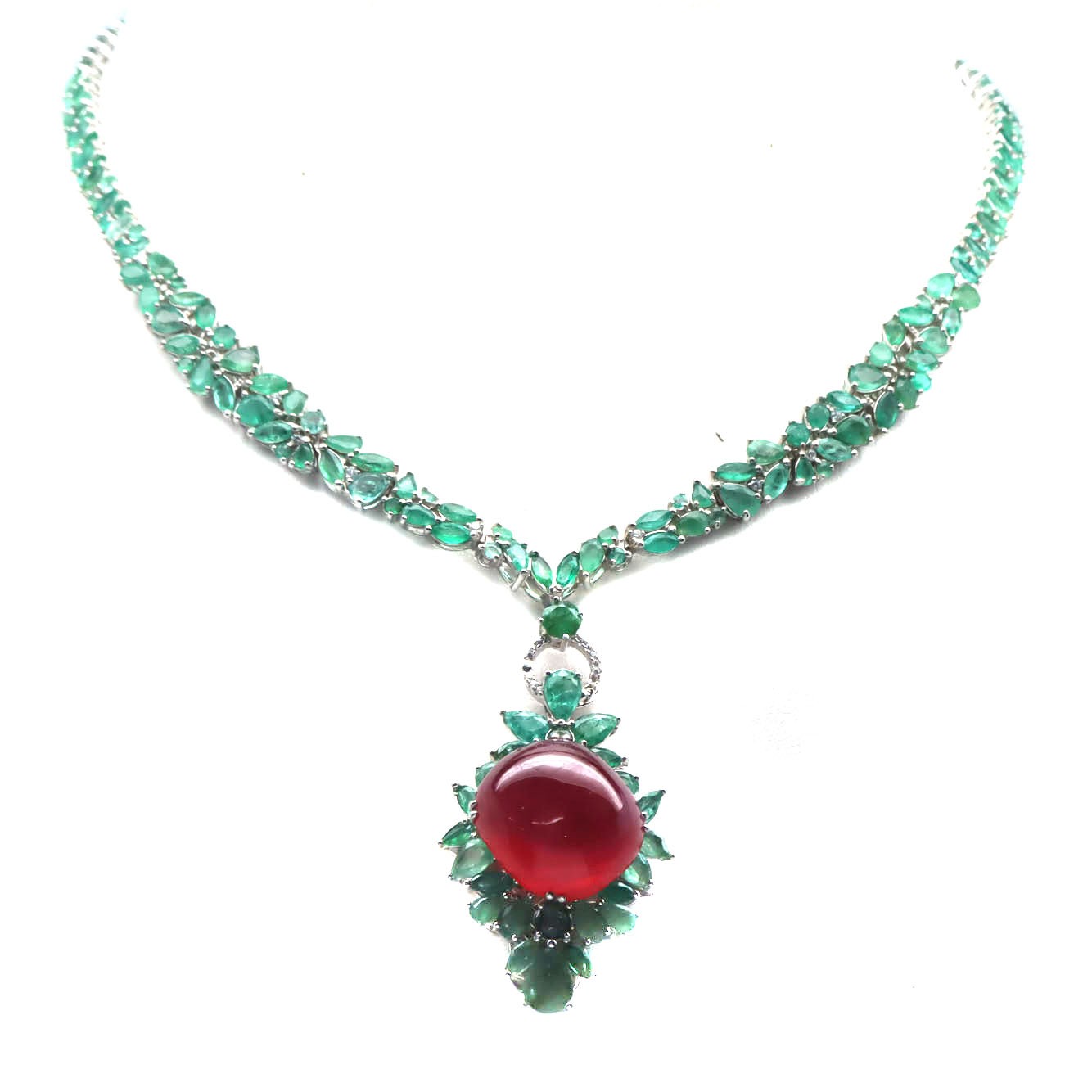 925 Silver 18 x 20 MM. Red Ruby Emerald Cubic Zirconia Pendant/Necklace 16.5 in