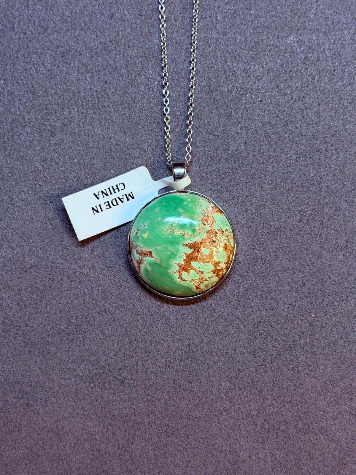 PINCTORE Sterling Silver 24mm Round Variscite Pendant w/ Cable Chain 18in – 21in