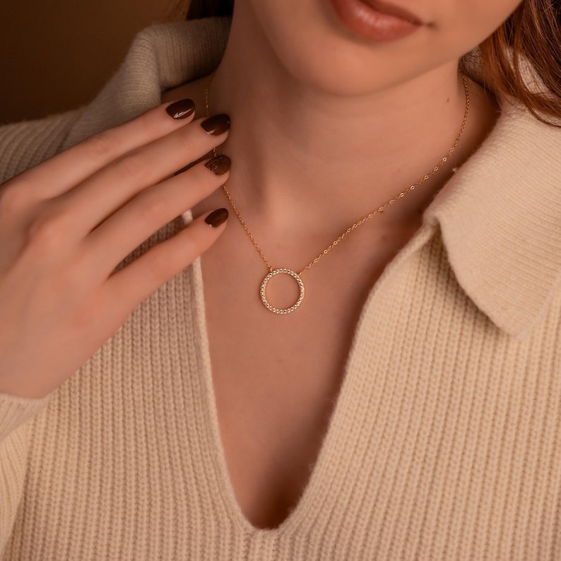 Minimalist Open Circle Round Cut Necklace Natural GH/SI Diamond 14k Yellow Gold