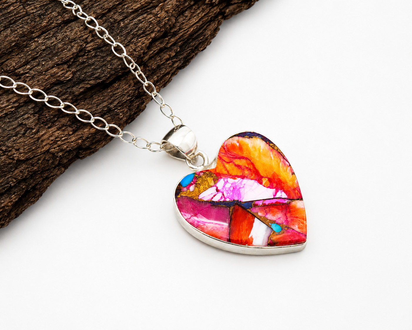 Spiny Oyster Turquoise Heart Pendant Necklace 925 Sterling Silver Free Chain