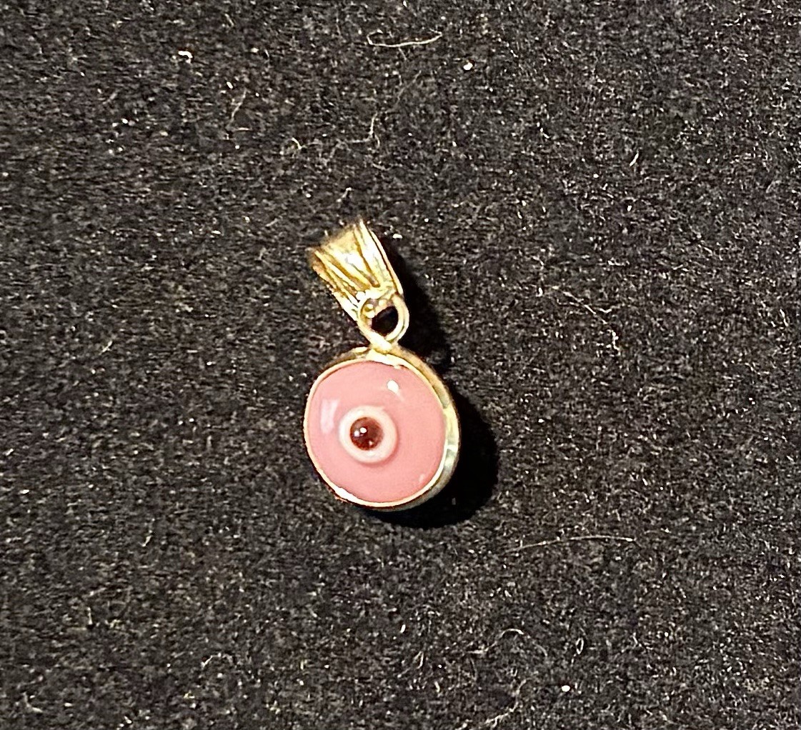 Evil Eye Solid 14kt yellow gold Pink Enamel Charm Pendant Good Luck Brand New
