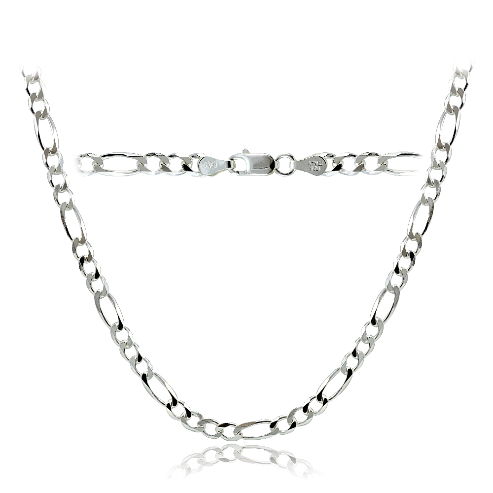.925 Sterling Silver 4mm Italian Figaro Link Necklace in Lengths 16-30