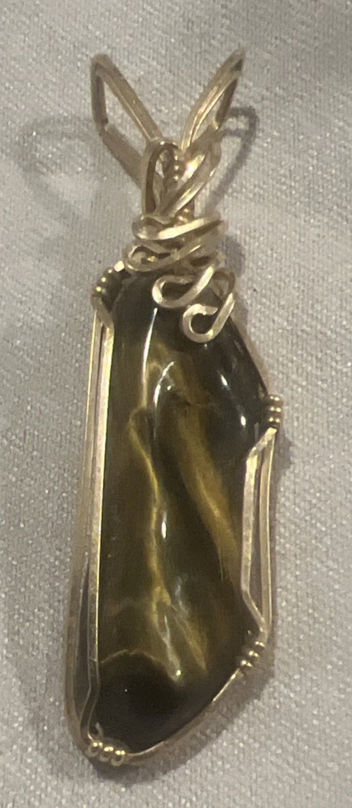 Gold Wrapped Genuine Tiger’s Eye Gemstone Pendant “NEW” 2 inch By 1/2 Inch