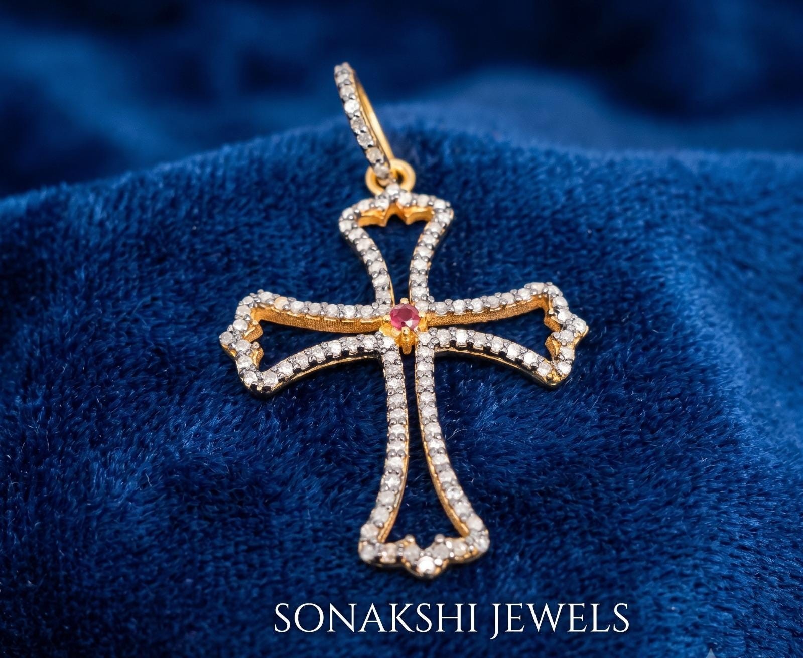 Vintage Sterling Silver 925 Cross Pendant: Diamond & Ruby Pendant