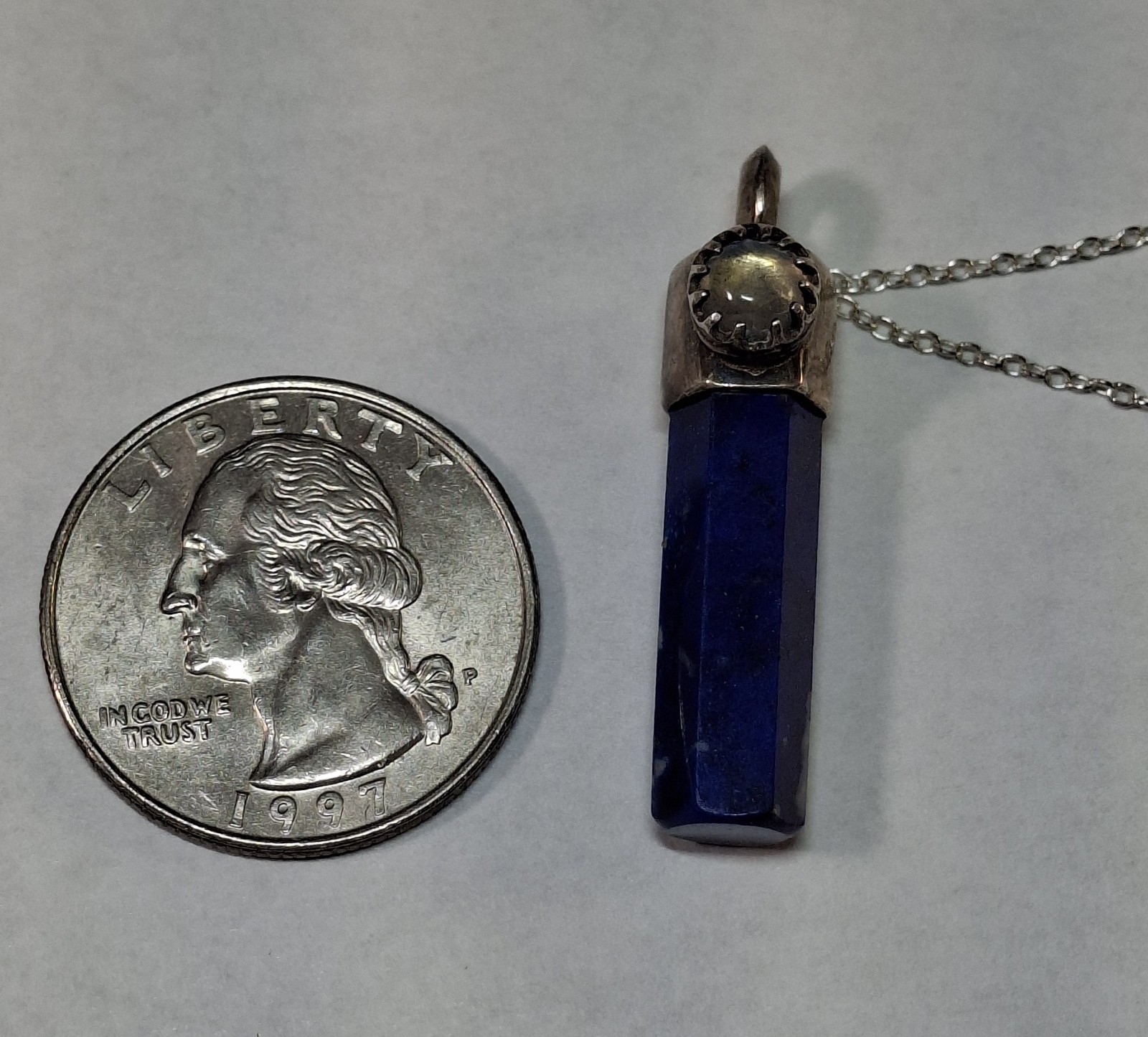 Vintage Sterling Silver Deep Blue Lapis Lazuli Point Moonstone Pendant Necklace