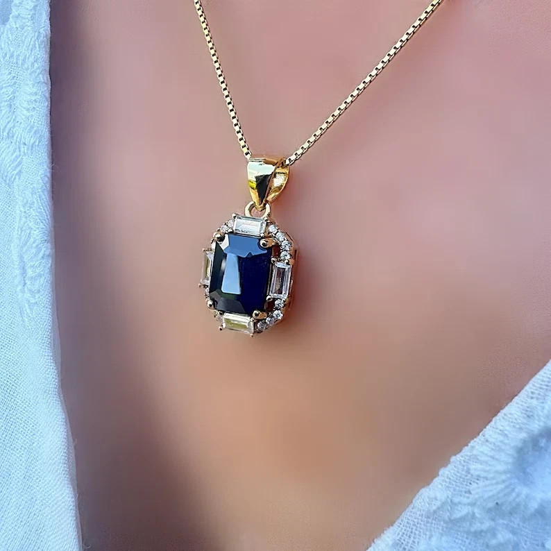 3Ct Emerald Cut Lab Created Sapphire & Diamond Halo Pendant 14K Yellow Gold Over