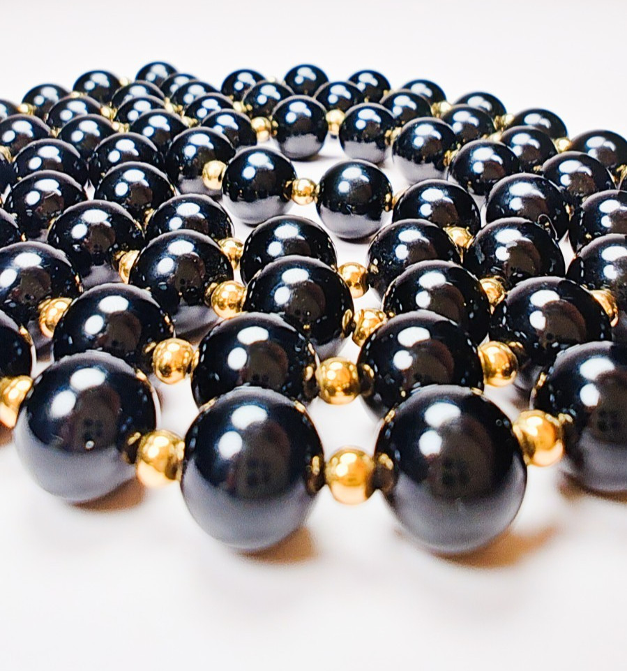 14K Yellow Gold Black Onyx Beaded Ball Necklace 29″ Long Estate 52.23g Vintage
