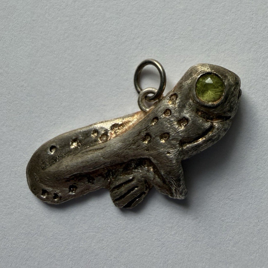 Handmade Sculpted Art Clay Silver & Peridot Gem Tadpole Pendant Charm