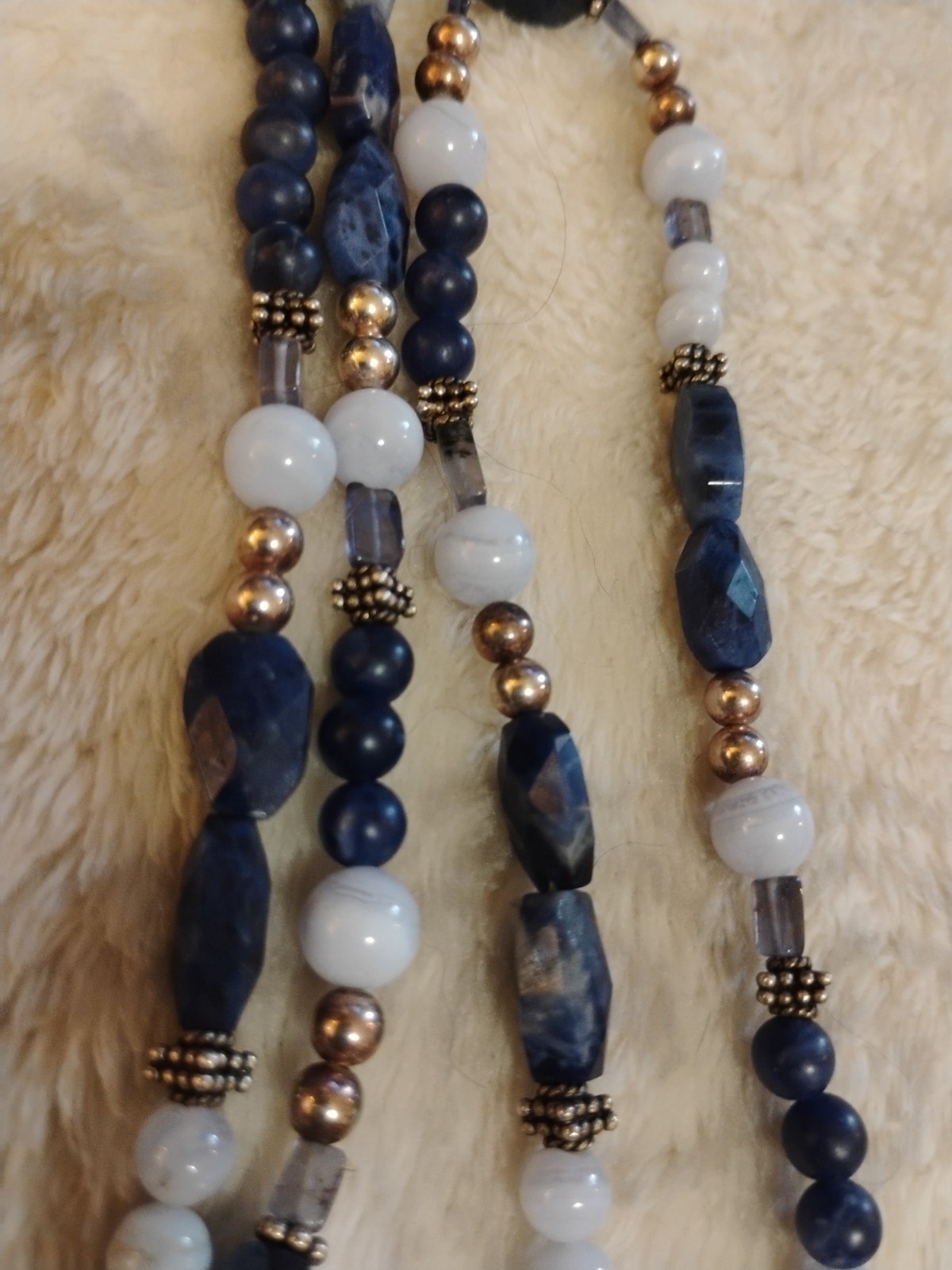 Sterling And Lapis Necklace MOP Silver Beads 36in Unique Handmade Beautiful