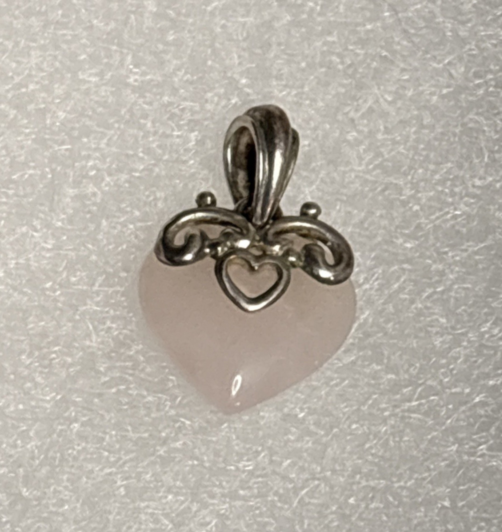 Rose Quartz Heart Pendant 5/8 in Silver Filigree Design 925