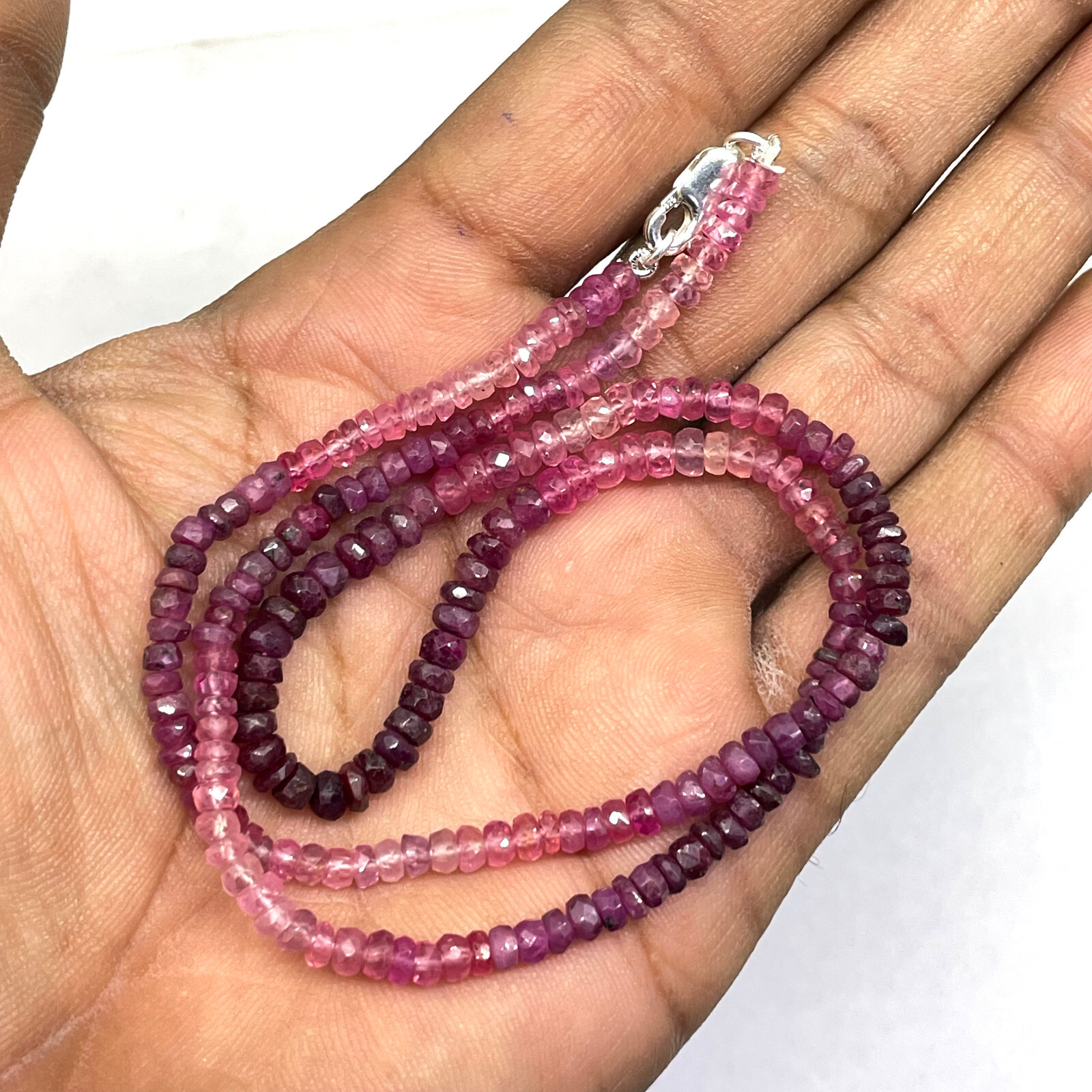 18″ Natural Ruby Necklace 3-4mm Shaded Facetted Beads 925 Silver Clasp