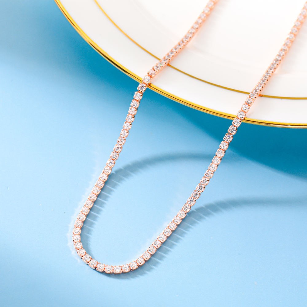 12Ct 4MM Real Moissanite Tennis Necklace 925 Silver 14K Rose Gold Finish VVS1