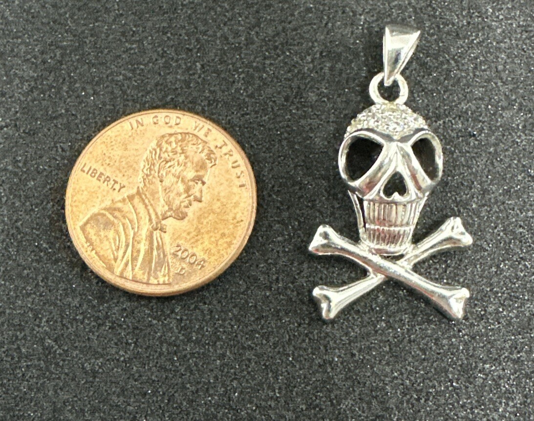 Skull & Crossbones Sterling Silver 925 Pave Rhinestone 1″ FAS Pendant Only 2.3g