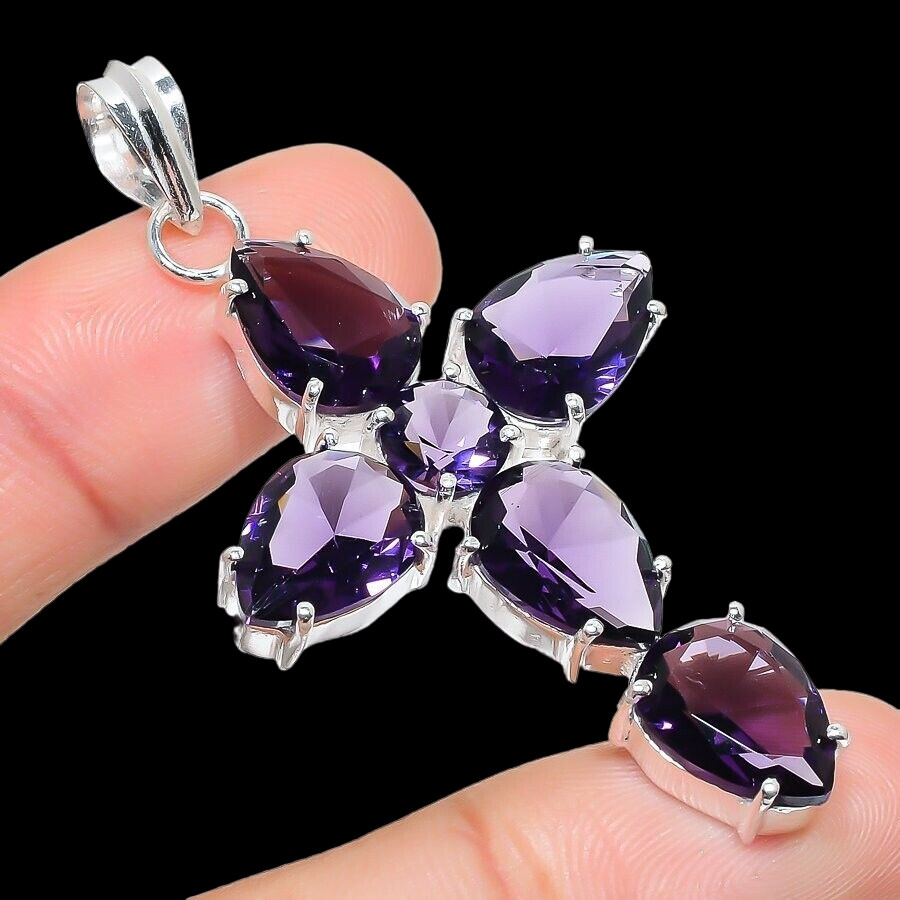 African Amethyst Gemstone Handmade 925 Sterling Silver Jewelry Cross Cut Pendant