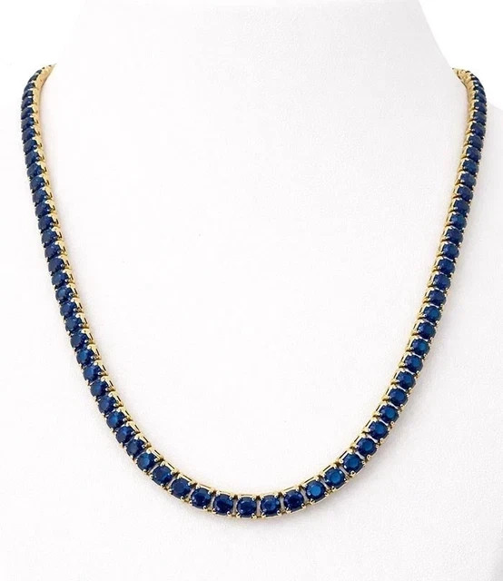 4MM Round Cut Lab Created Blue Sapphire Tennis necklace 14k Yellow Gold Plated