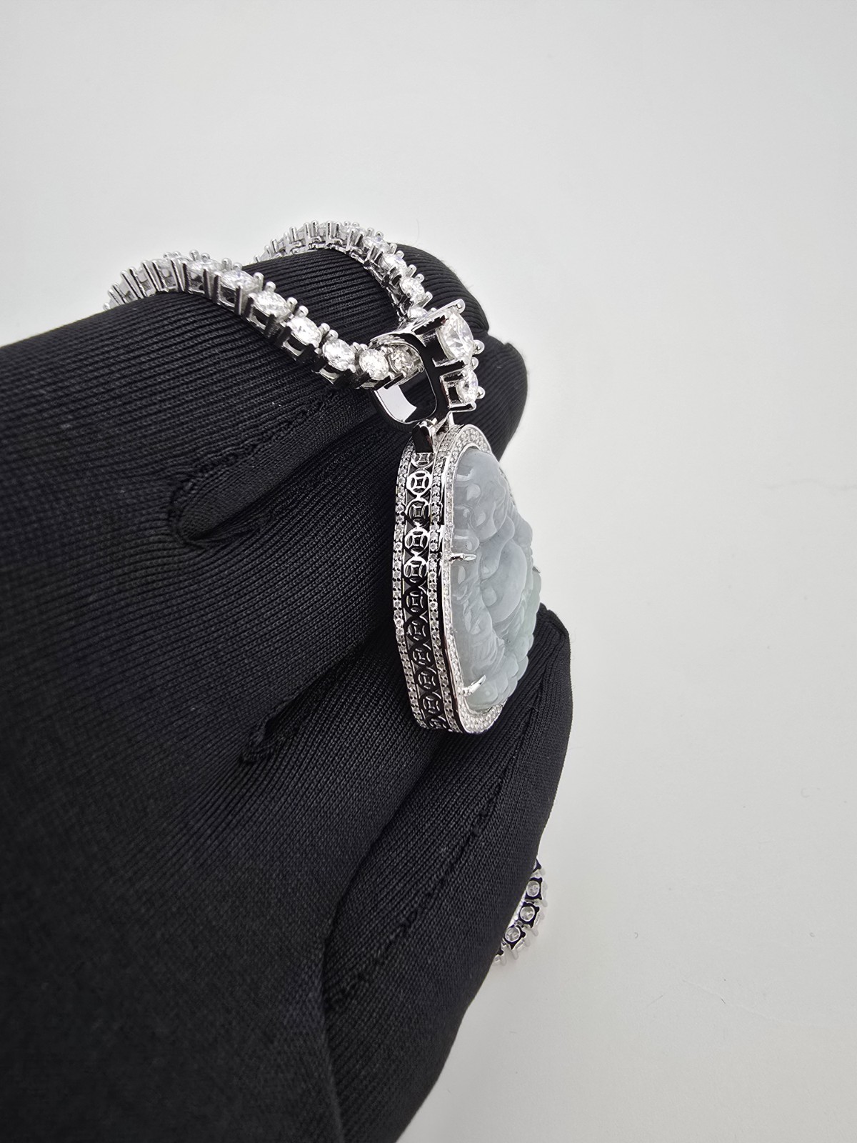 Jade Buddha Pendant Necklace VVS1 Moissanite Tennis Chain 925 Silver 22