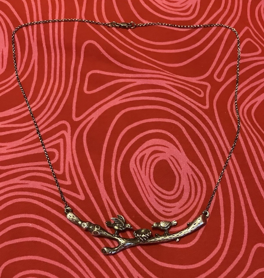 Unique Sterling Silver 925 Textured Birds w/ Nest on Tree Branch Necklace