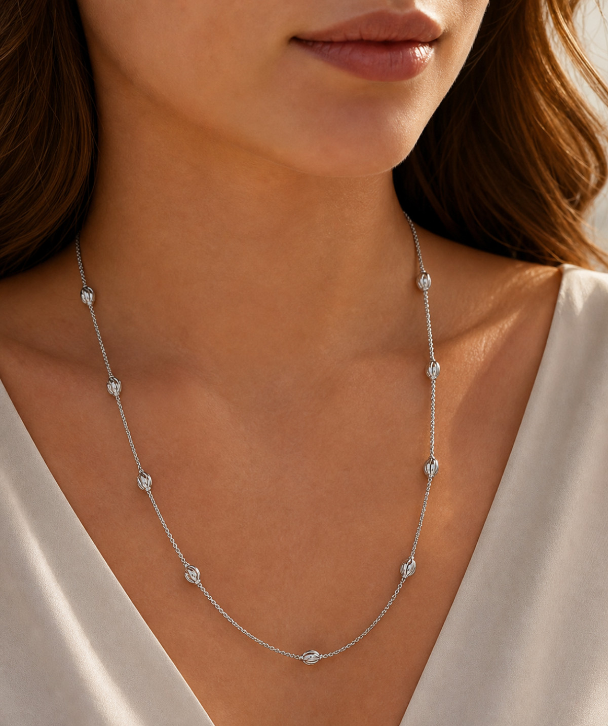Moon Bead Station Necklace 925 Solid Sterling Silver 3mm Diamond Cut Chain 18 In