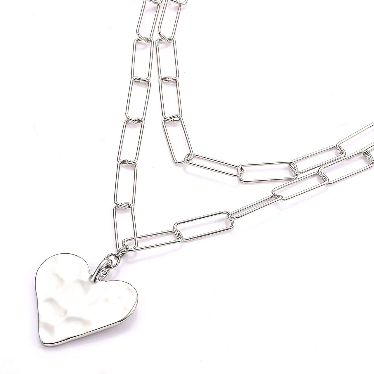 Layered Rectangle Paper Clip Chain Link Choker Statement Hammered Heart Pendant
