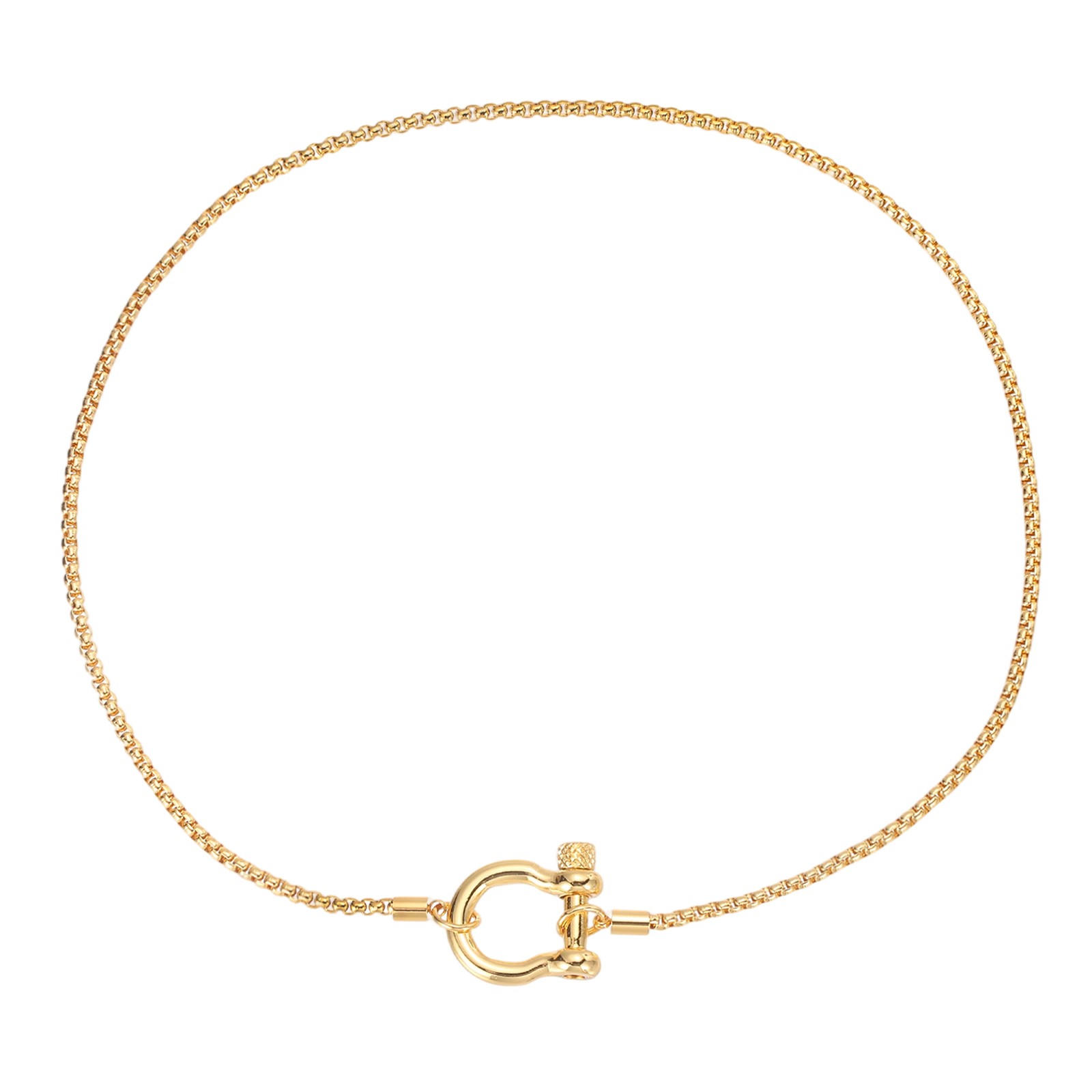 Gold Lock Necklace Screw Anchor Shackle with Gold Foxtail Chain 17.7″