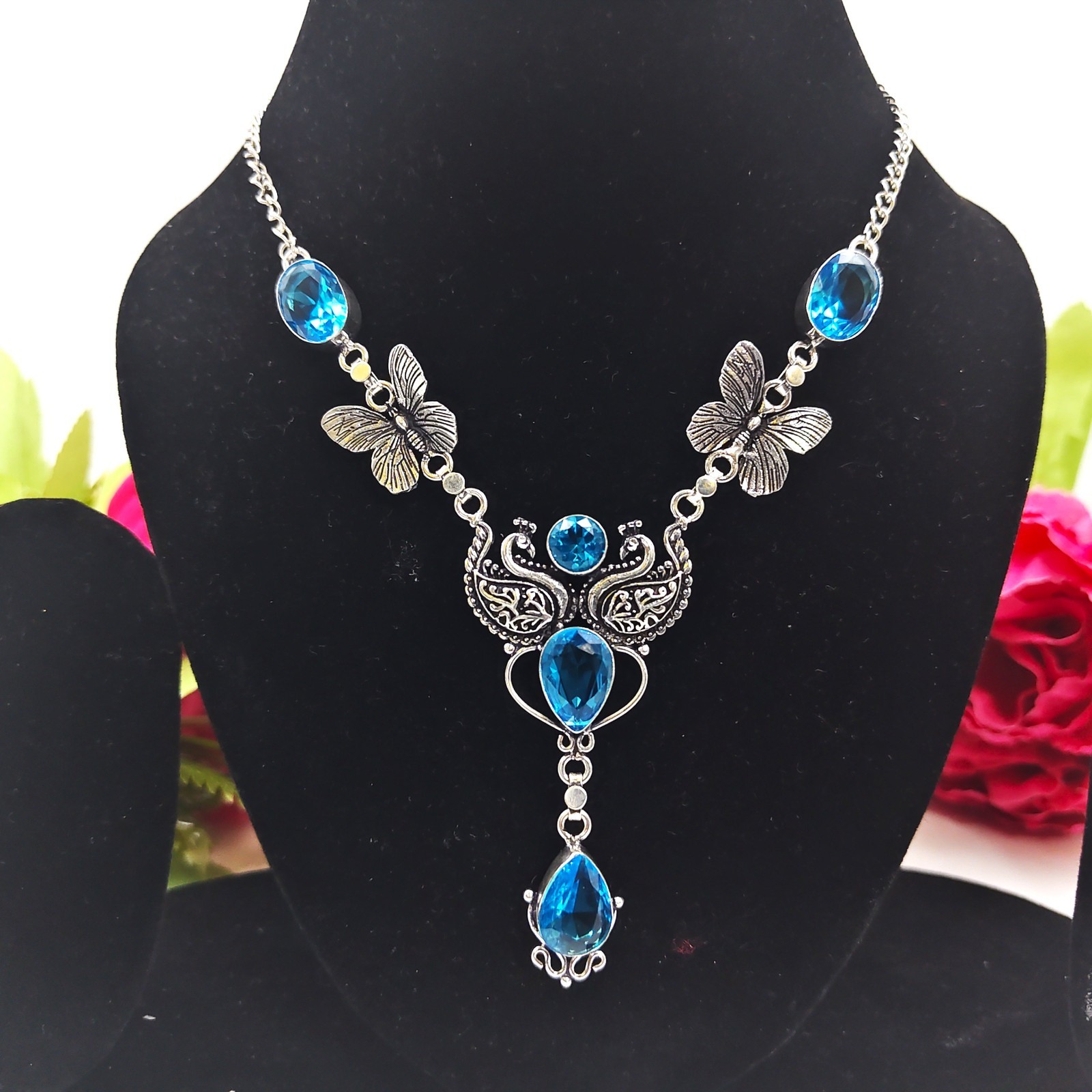 Blue Topaz Gemstone Handmade 925 Sterling Silver Jewelry Necklace Sz-17-18″