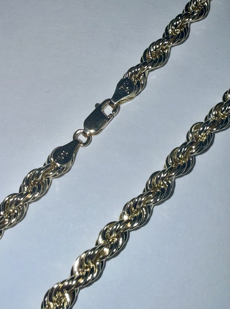 Large Solid 10K Gold Semi-Hollow 4.8mm Rope Chain Necklace 22”