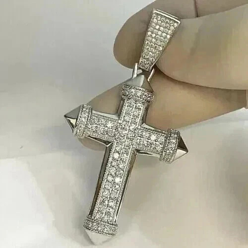 2Ct Round Cut Lab-Created Diamond Cluster Cross Pendant 14K White Gold Plated
