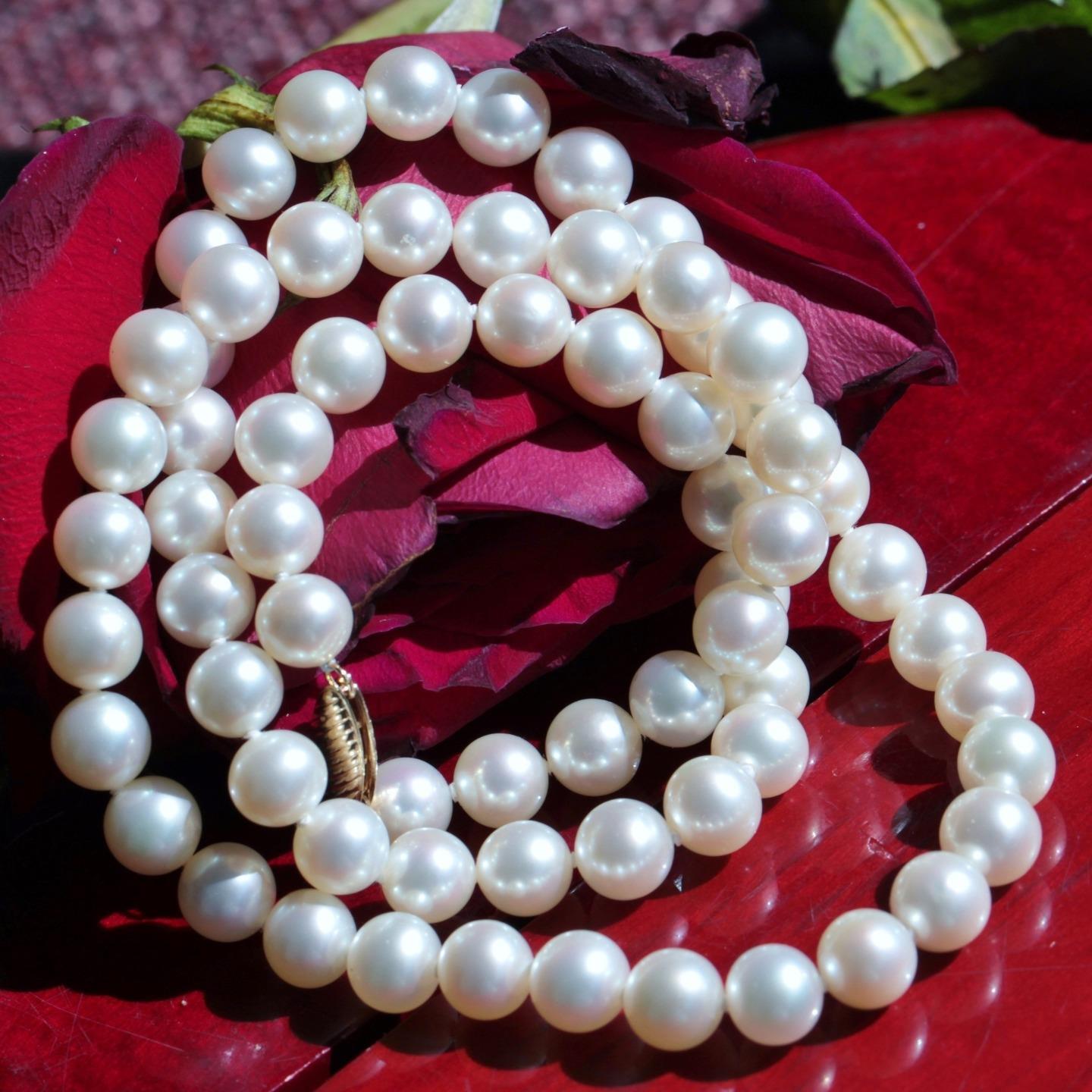 14k yellow gold necklace 7.5mm white cultured pearl 20.0″ strand 37.0gr Honora