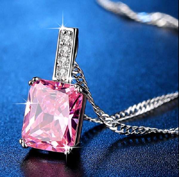 4Ct Emerald Cut Pink Diamond Solitaire Pendant 14K White Gold Finish Free Chain