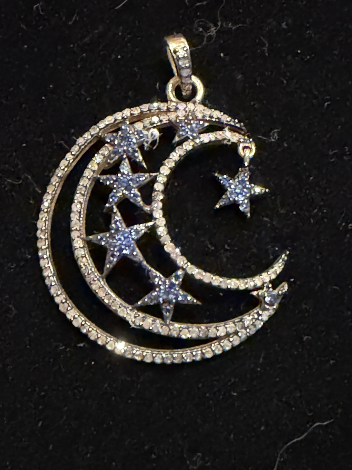 Diamond Pave Blue Sapphire Multi Stars Crescent Moon Pendant 925 Silver Jewelry